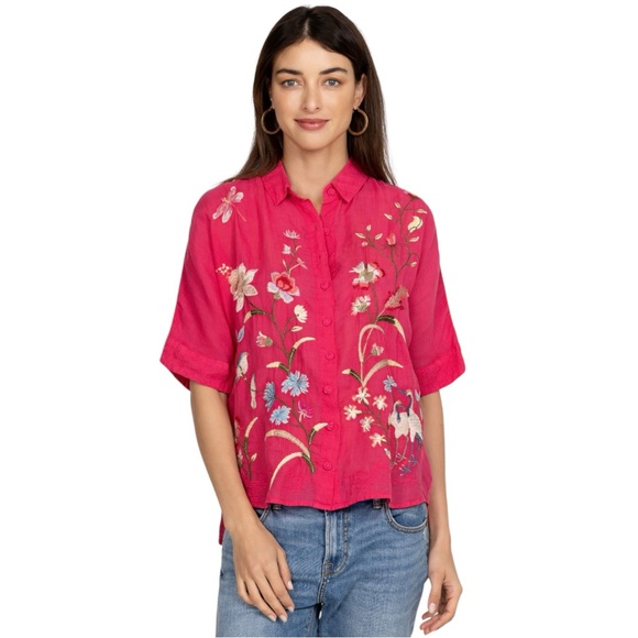 Johnny Was Genivieve Relaxed Dolman Shirt Medium Fuchsia Pink Embroidered NWT - Picture 5 of 13